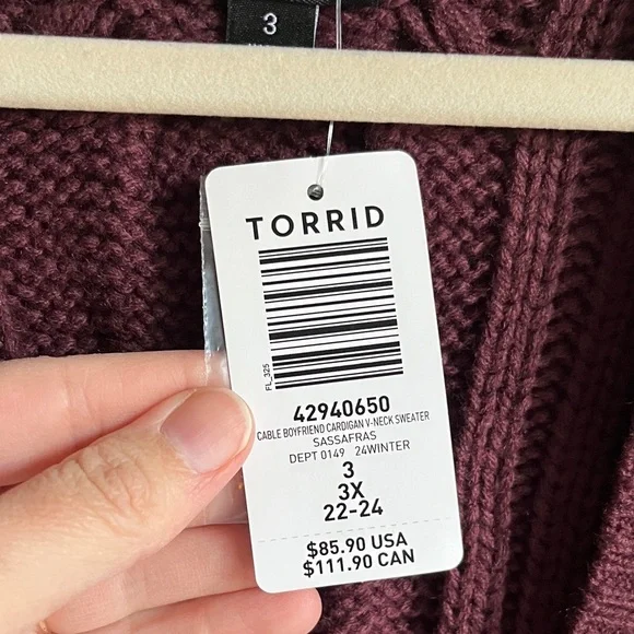 NWT Torrid Burgundy Purple Cable Knit Longline Boyfriend V-Neck Cardigan Sz 3 - Picture 5 of 14